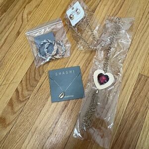 Heart Pendant Necklace with Tassel, (1) Shell Necklace, (2) Pairs of Earrings